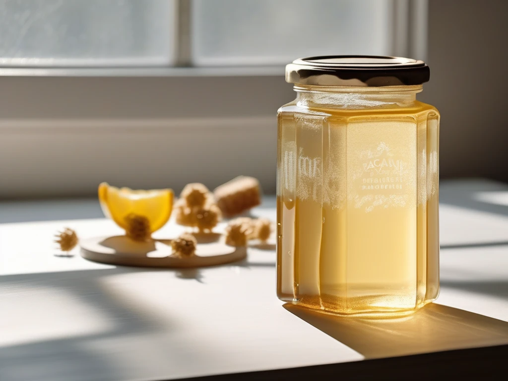 Crystal-clear pale acacia honey backlit in glass jar