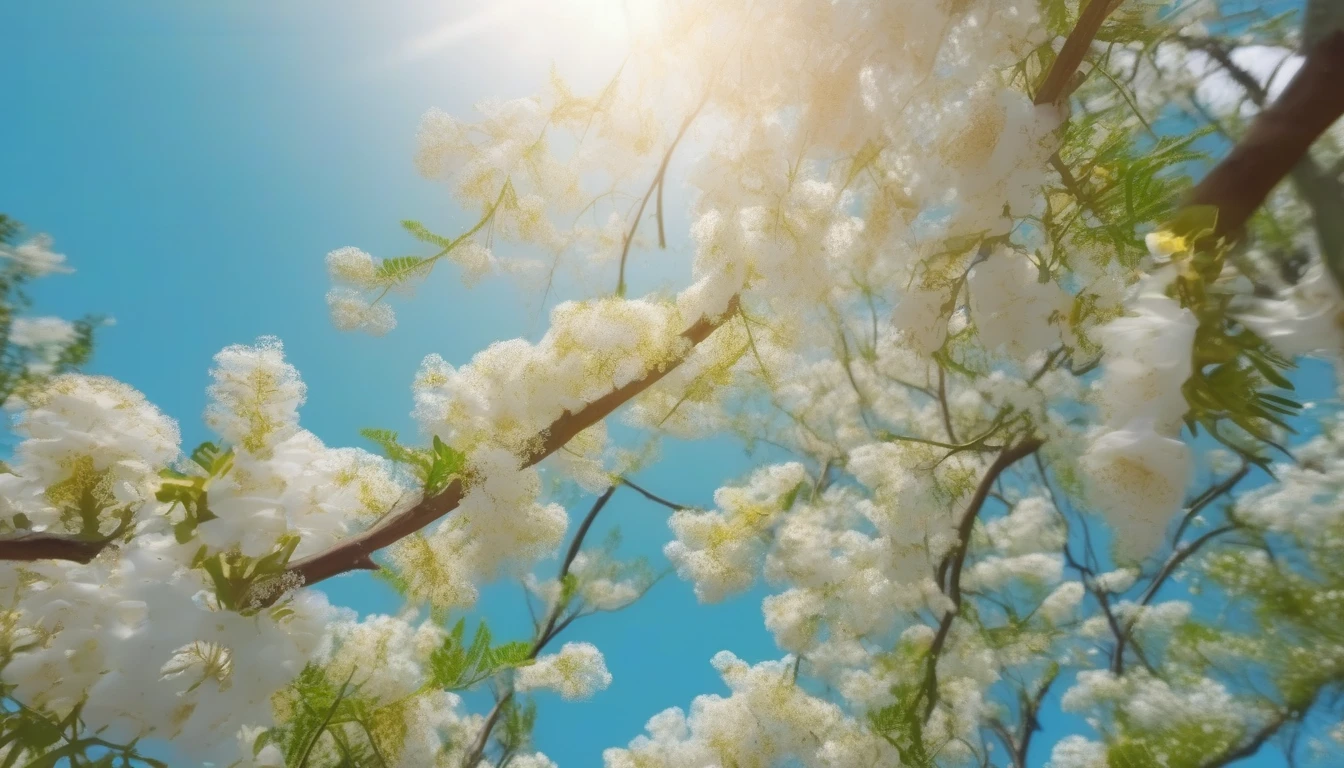 Acacia tree canopy with cascading white-yellow blossoms