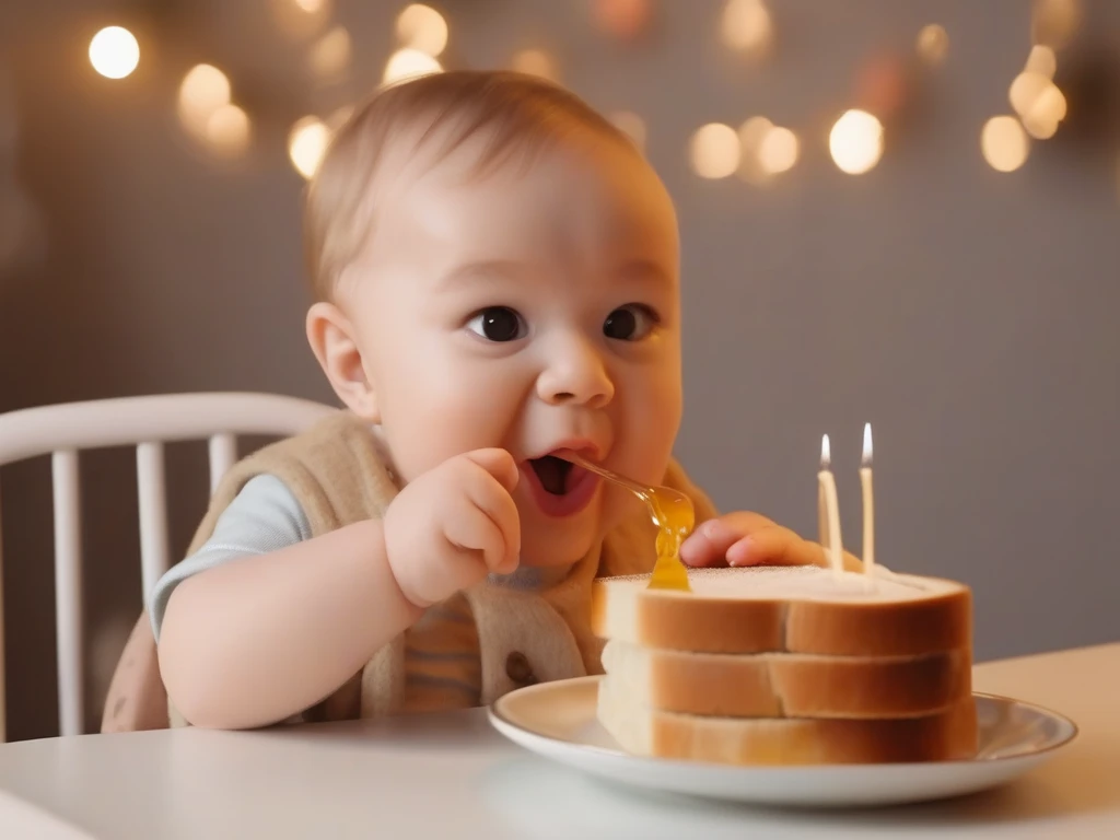 Happy toddler over one year old eating toast with honey