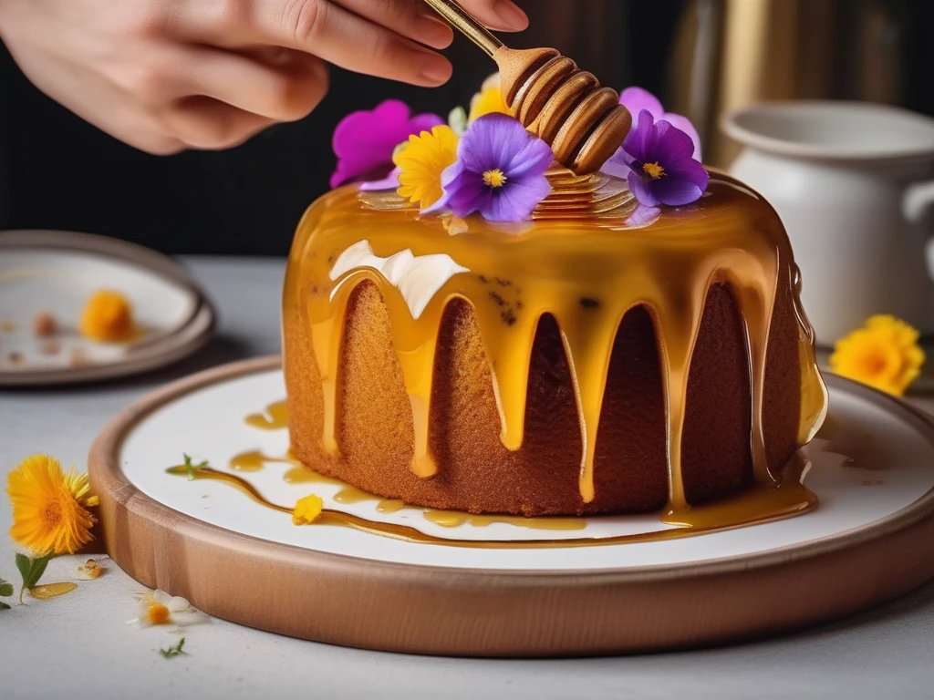 Golden honey cake decorated with honey drizzle and flowers