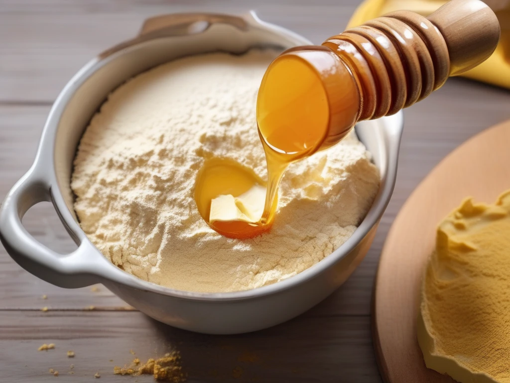 Measuring cup filled with honey for baking recipe