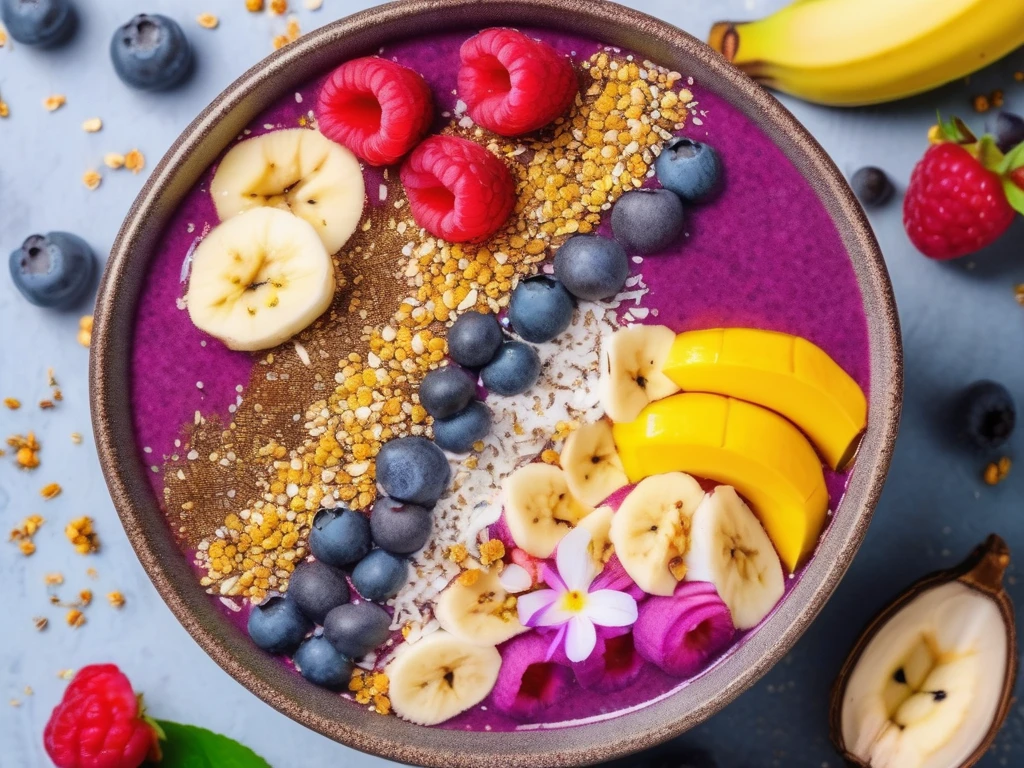 Acai smoothie bowl topped with bee pollen and berries