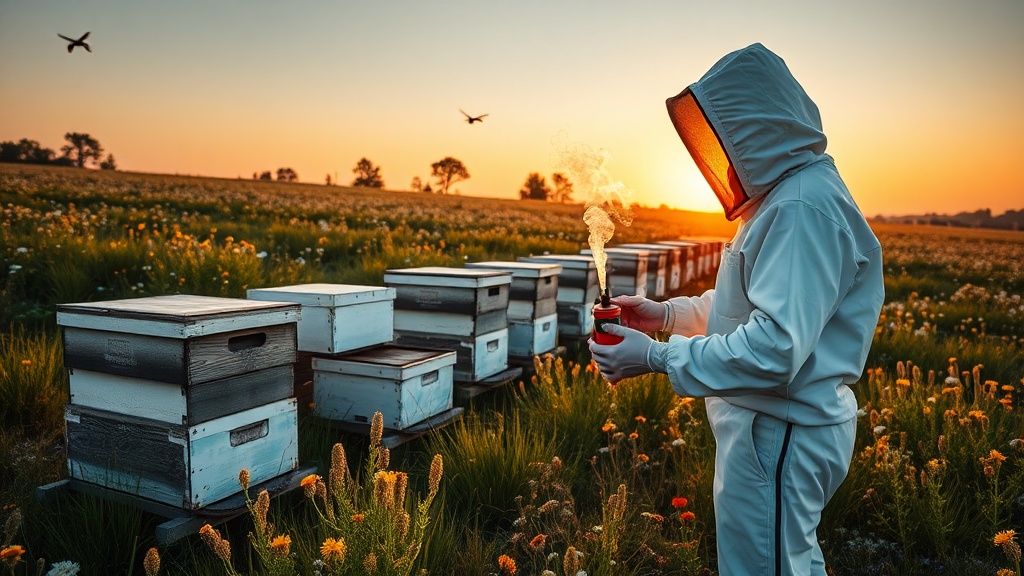 Beekeeper tending to hives in a beautiful meadow at sunset