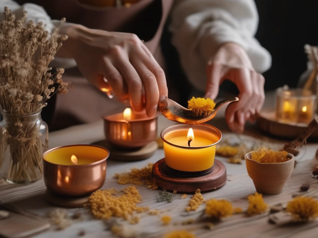 Melted beeswax being poured into candle molds