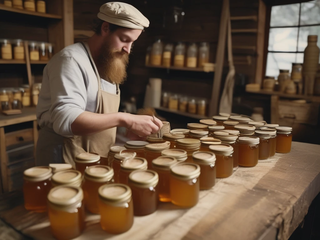 Small-batch beekeeper hand-labeling honey jars