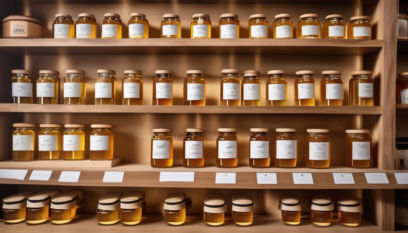 Premium artisan honey jars on wooden shelf display