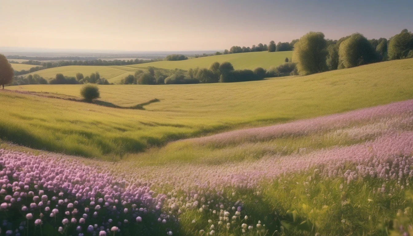 Pastoral field of white and purple clover with bees foraging