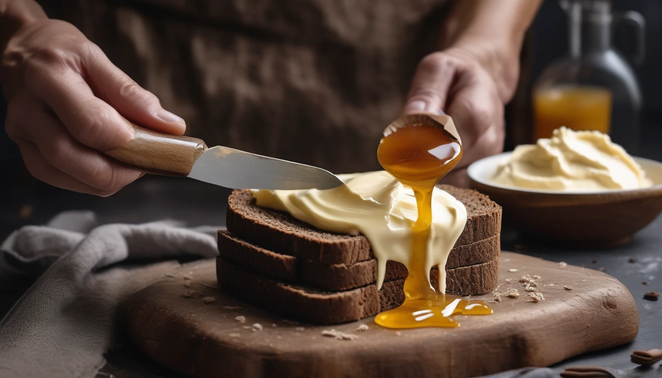 Smooth velvety creamed honey being spread on dark rye bread