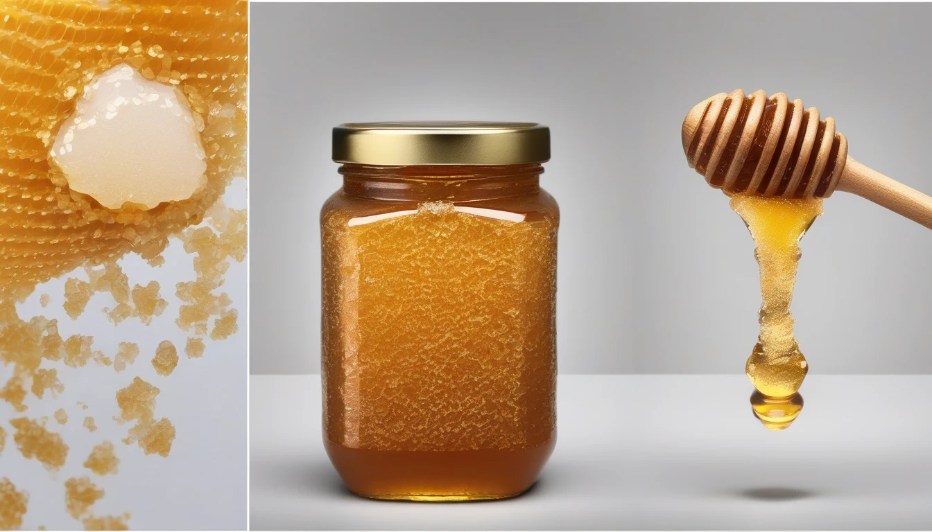 Crystallized honey vs smooth liquid honey side by side