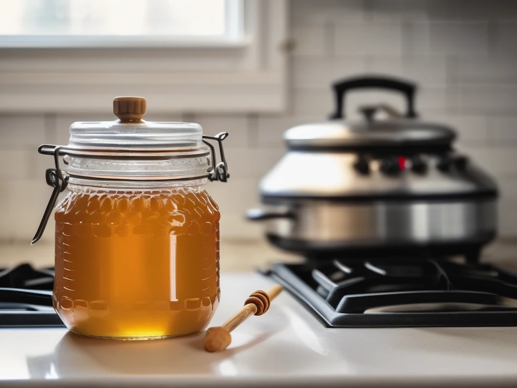 Crystallized honey jar in warm water bath on stove