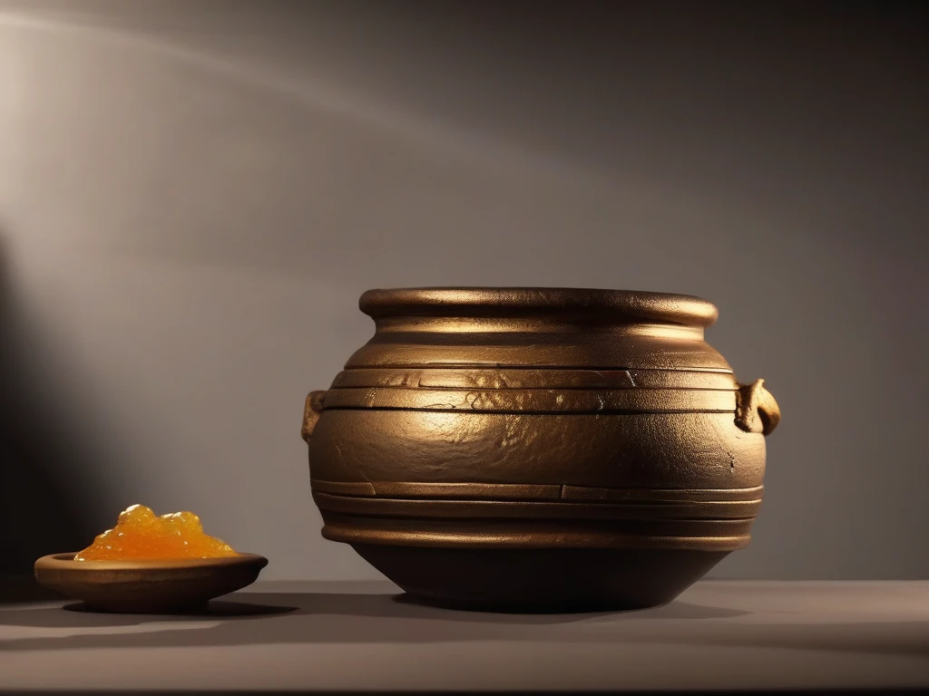 Ancient ceramic honey pot styled as archaeological display