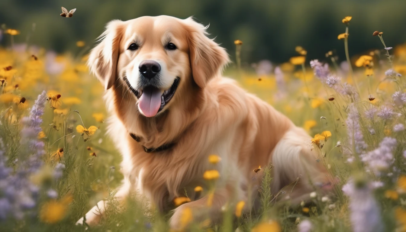Happy golden retriever in wildflower field