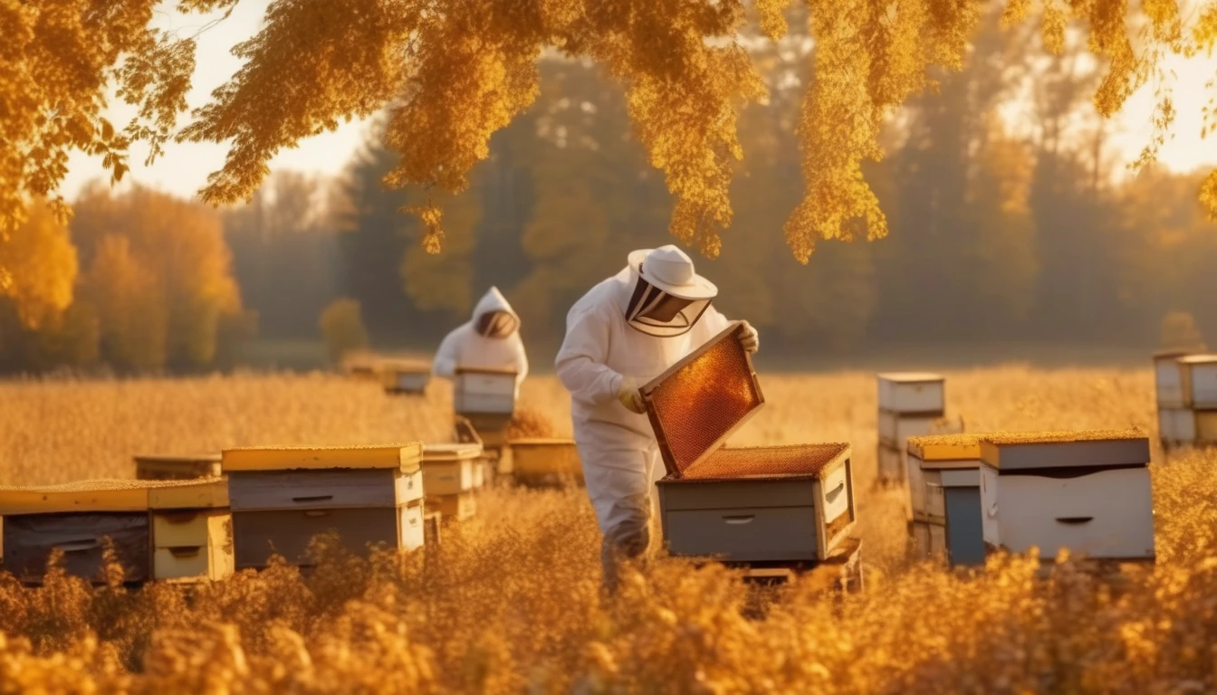 Dark amber fall harvest honey with goldenrod and autumn leaves