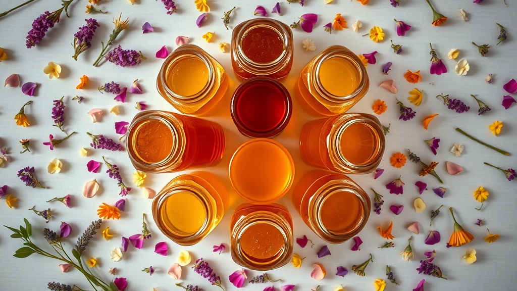 Various honey jars showing color gradient from light to dark amber surrounded by flower petals