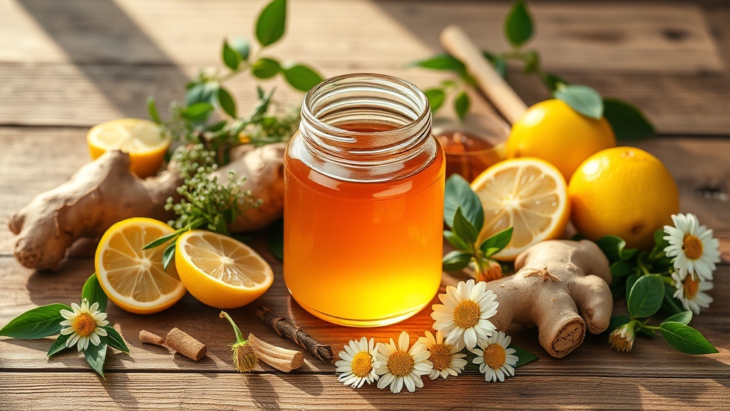 Honey jar surrounded by natural healing elements including herbs, lemon, and ginger