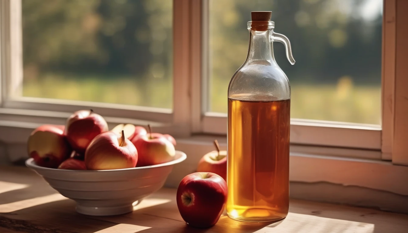 Apple cider vinegar bottle with honey and fresh apples