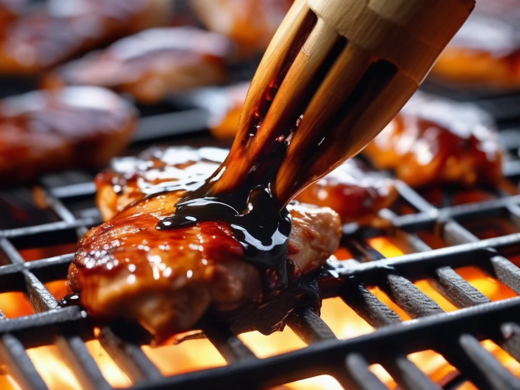 Brush applying honey BBQ sauce onto grilling chicken