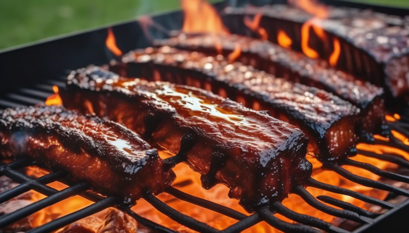 Rack of ribs with glossy honey BBQ glaze on charcoal grill