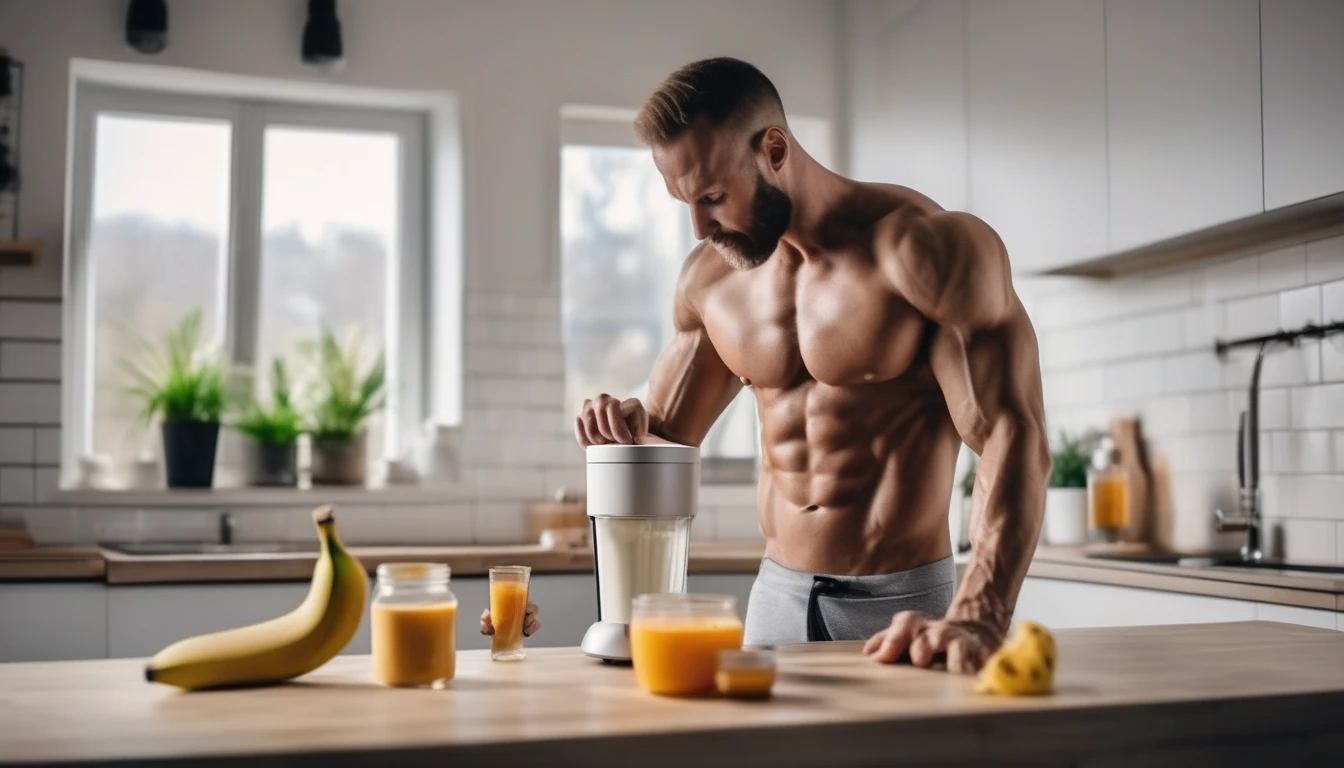 Athletic man preparing pre-workout smoothie with honey
