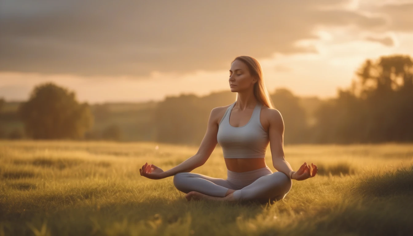 Woman in yoga pose at sunrise in green meadow