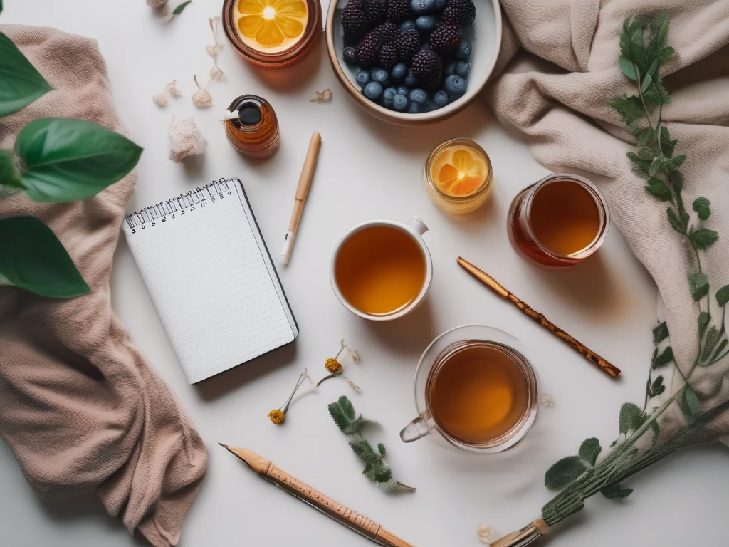 Women's wellness morning routine with honey and herbal tea
