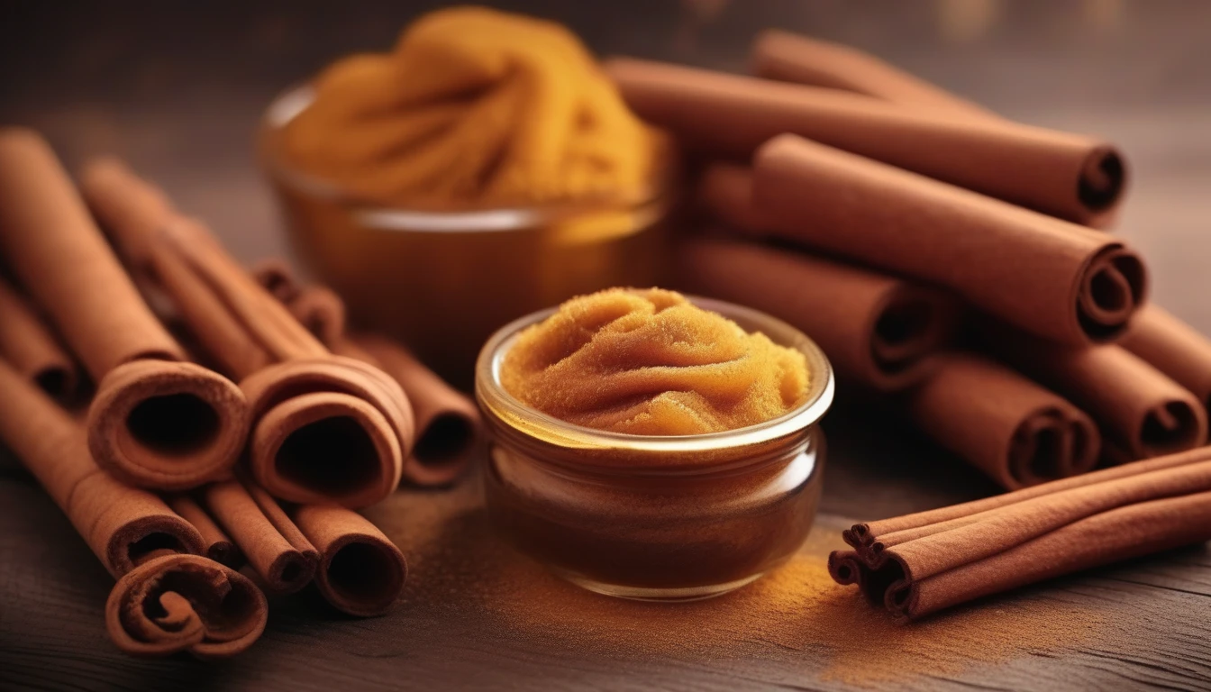 Golden honey swirled with cinnamon sticks and ground cinnamon