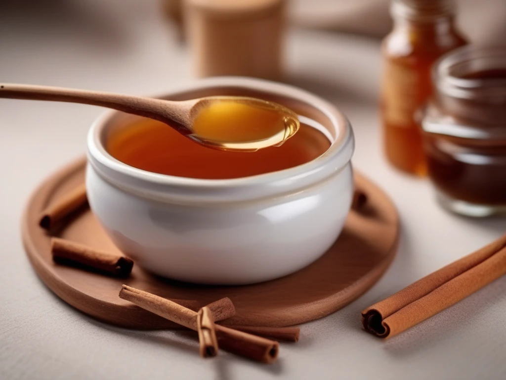 Honey and cinnamon paste being mixed in ceramic bowl