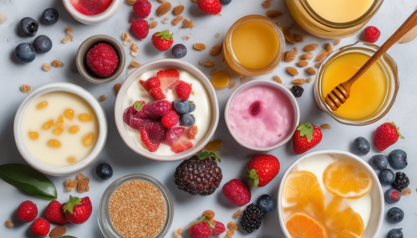 Colorful prebiotic-rich foods arranged with raw honey