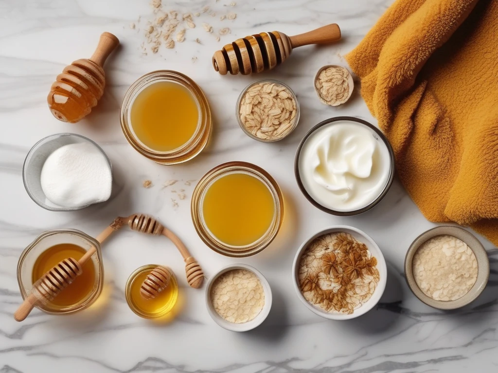 DIY honey face mask ingredients on marble surface