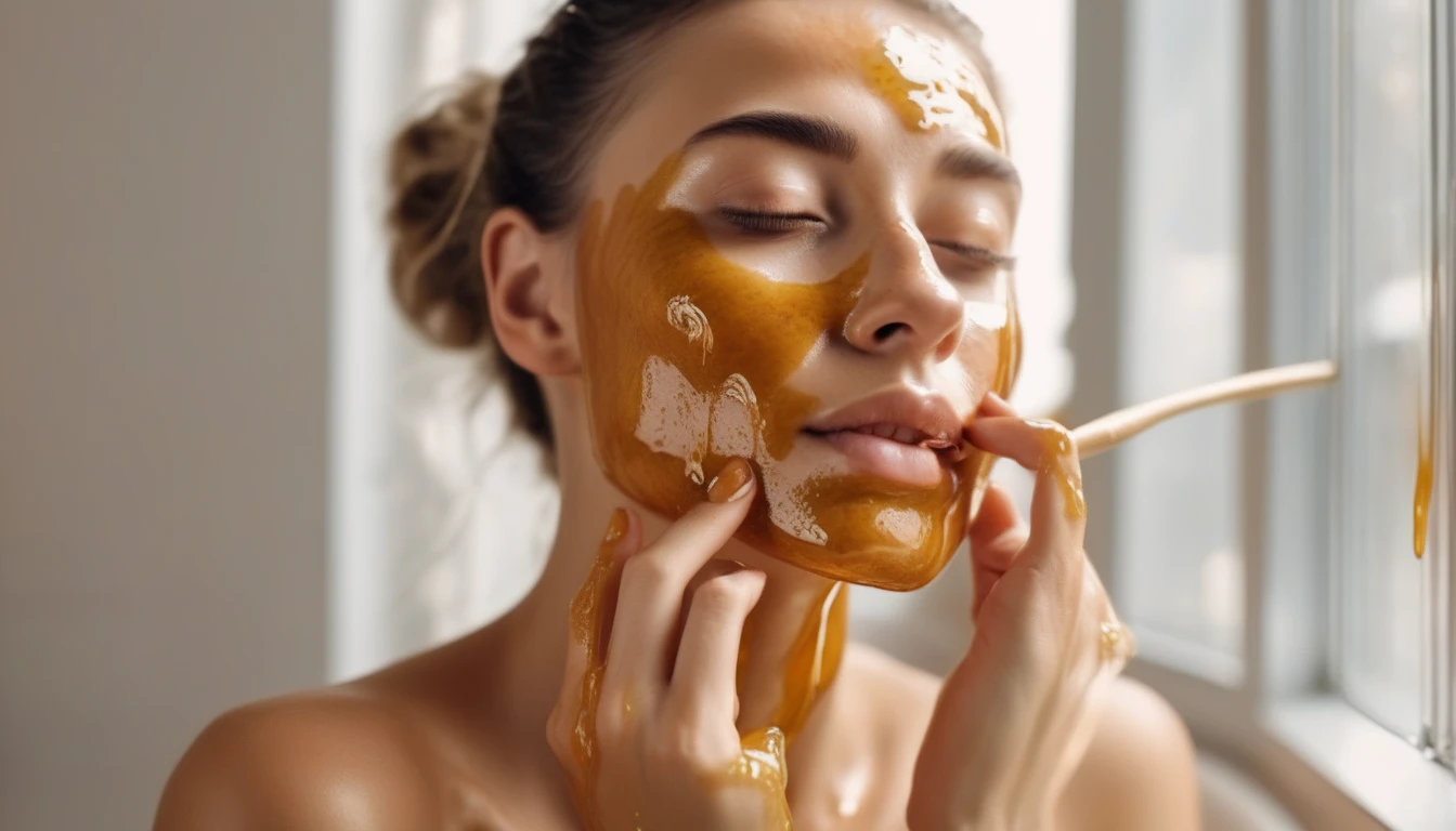 Woman applying golden honey face mask in bright bathroom