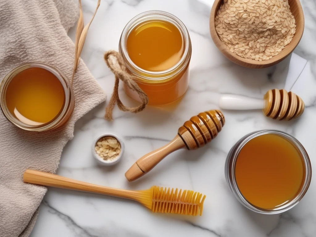 Natural honey skincare ingredients on marble surface