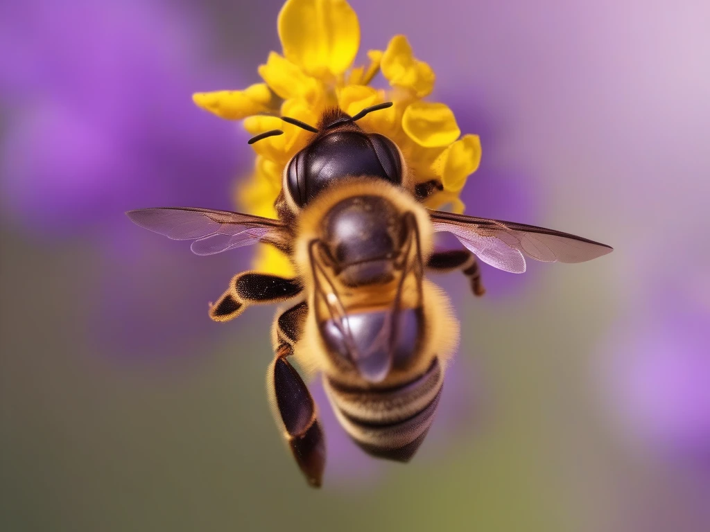 Honeybee covered in pollen collecting nectar from wildflower