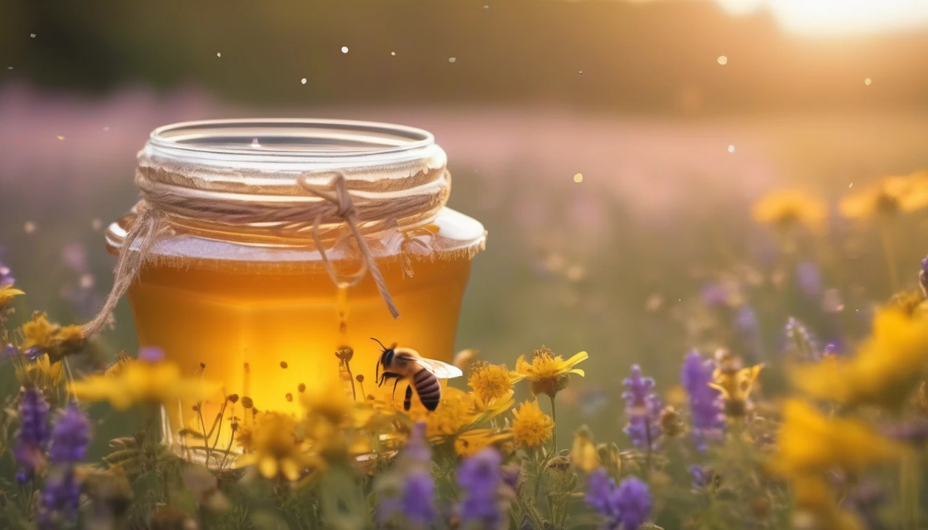 Local raw honey jar in spring wildflower meadow with bees