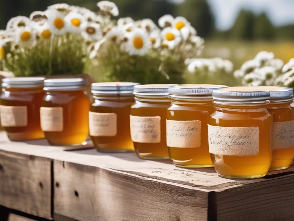 Farmers market display of local raw honey jars