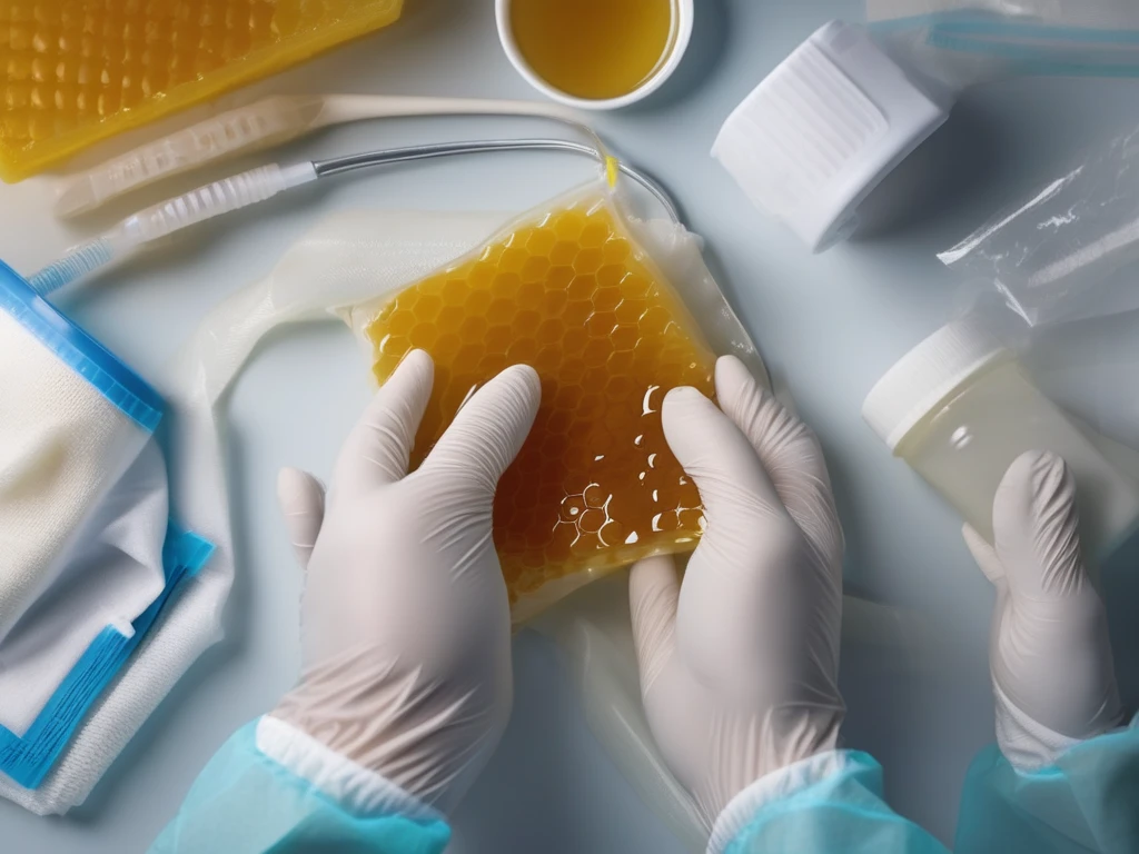 Gloved hands preparing honey wound dressing