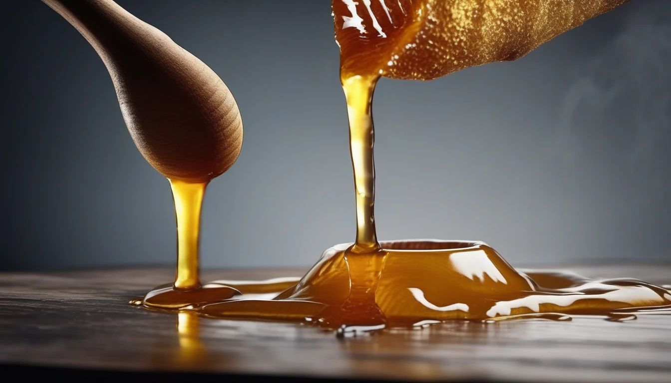 Golden honey being poured from wooden dipper