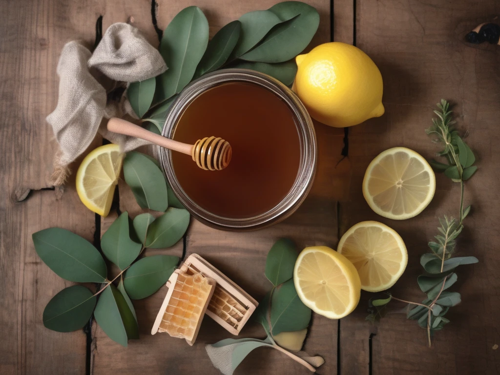 Natural cough remedy ingredients including honey, lemon, and ginger
