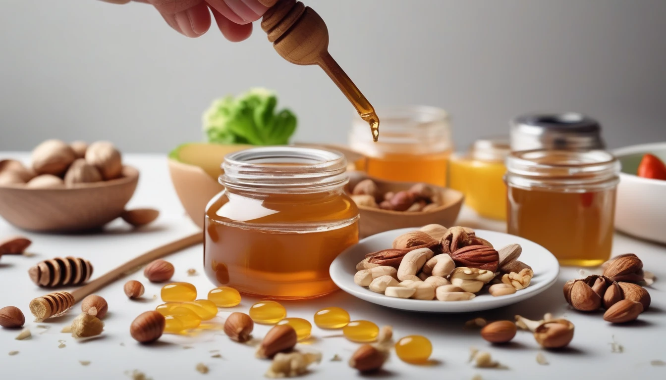 Honey jar with blood glucose meter and healthy diabetic-friendly foods