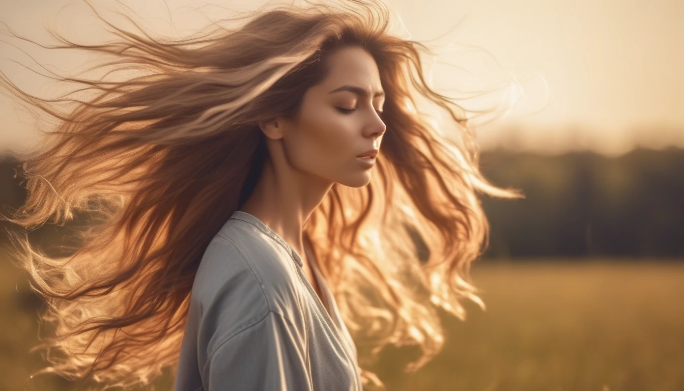 Woman with thick shiny hair flowing in natural wind