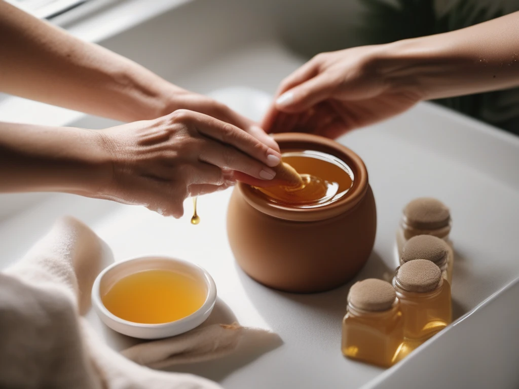 Hands dipping into raw honey for skincare application