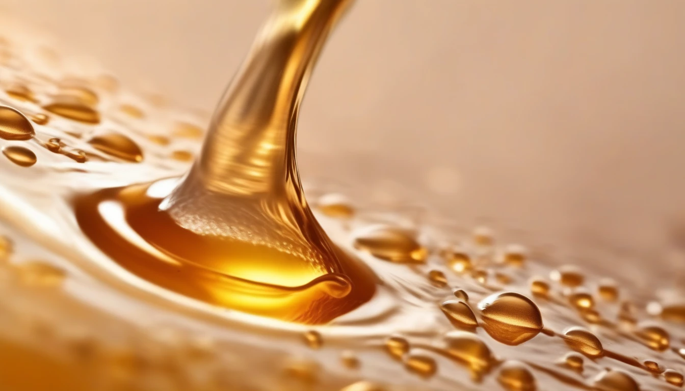 Close-up of radiant healthy skin with golden honey droplet