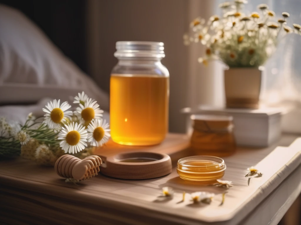 Raw honey jar with chamomile tea on nightstand