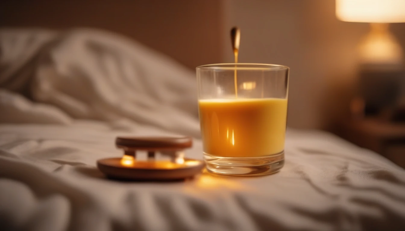 Warm honey milk on bedside nightstand with soft lamp glow