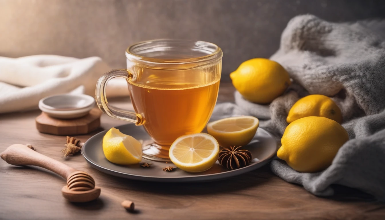 Warm honey lemon ginger tea with steam rising