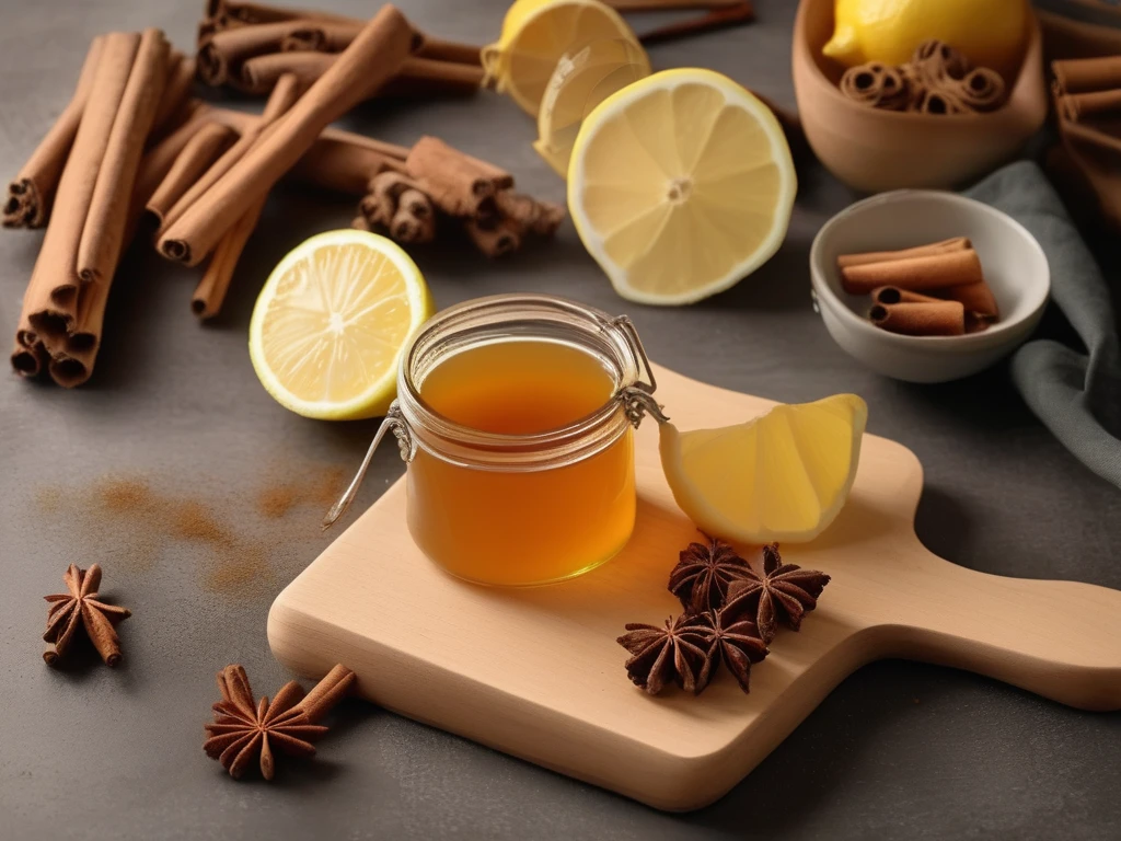 Natural sore throat remedy ingredients on wooden cutting board