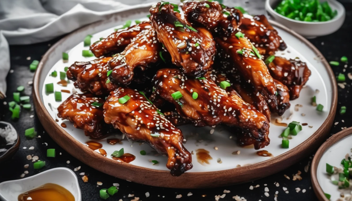 Sticky honey garlic chicken wings piled high