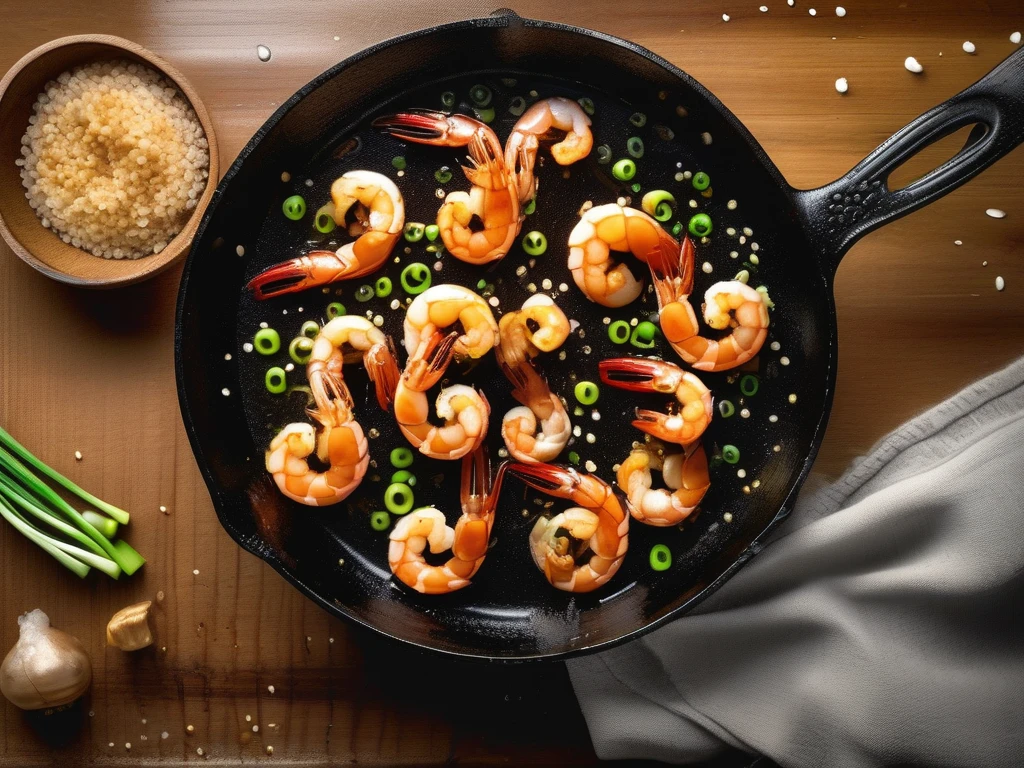 Honey garlic shrimp sizzling in cast iron skillet