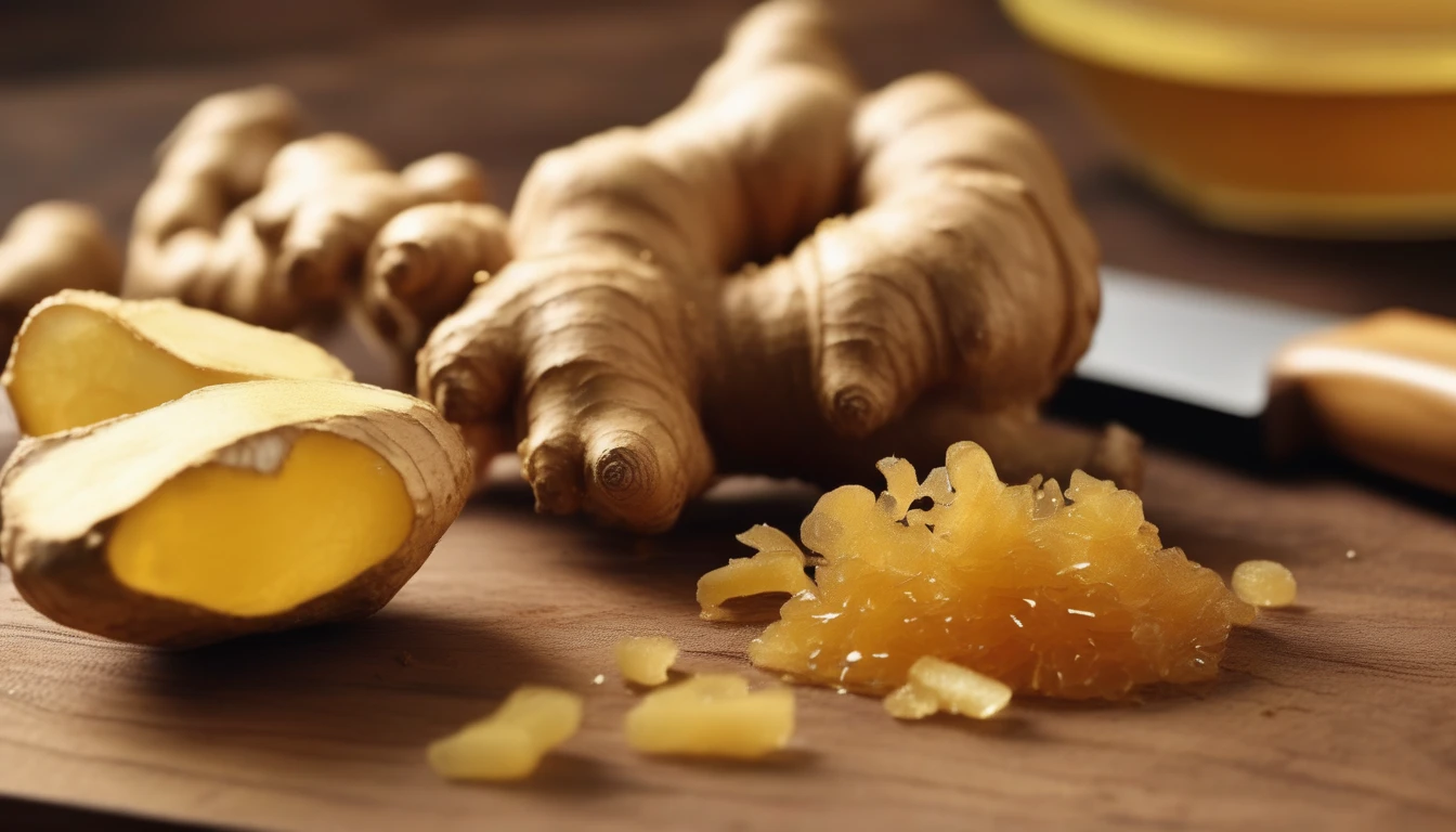 Fresh ginger root being sliced next to flowing golden honey