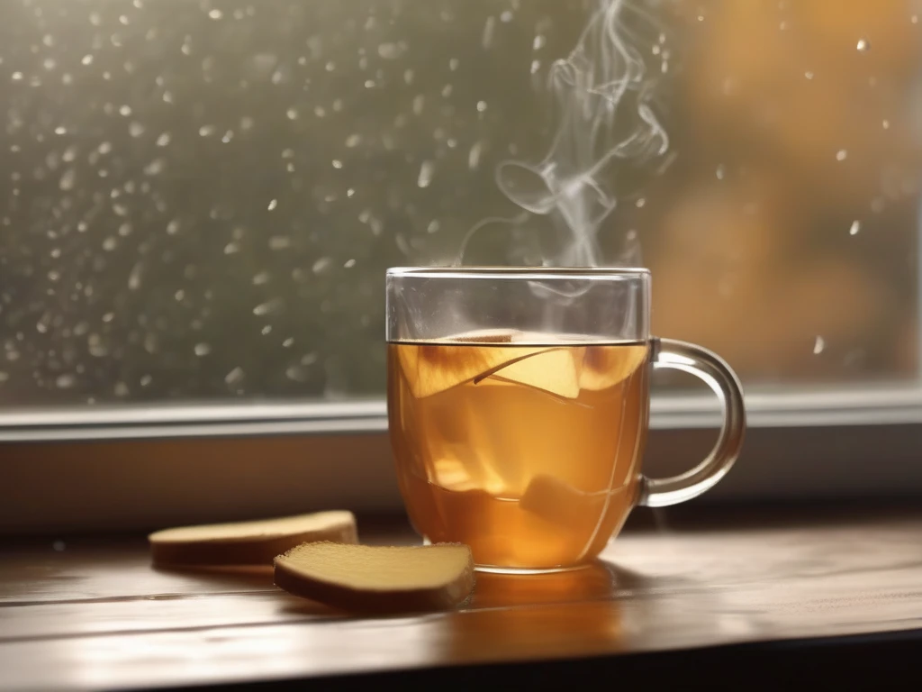 Steaming honey ginger tea with ginger slices floating