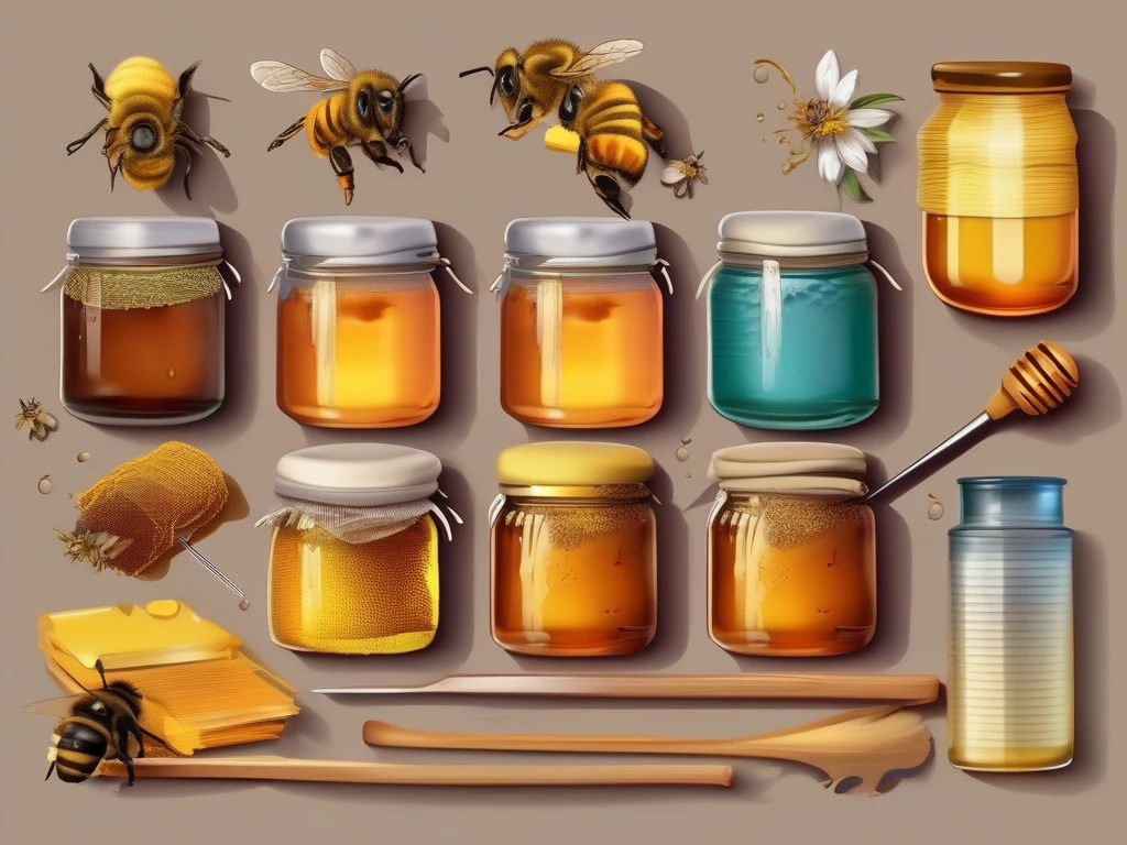 Collection of beekeeping tools and honey varieties